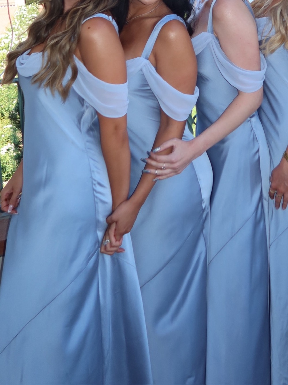 Show Me Your Mumu Bella Maxi Satin Off-Shoulder Light Blue Evening Dress